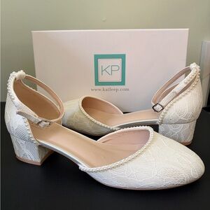 Kaileep Ivory Lace Pearl Trim Block Heel Pumps